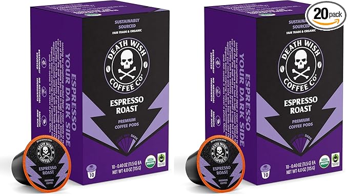 Death Wish Coffee Espresso Roast Single Serve Coffee Pods - Fair Trade and Organic (10 Count) (Pack of 2)