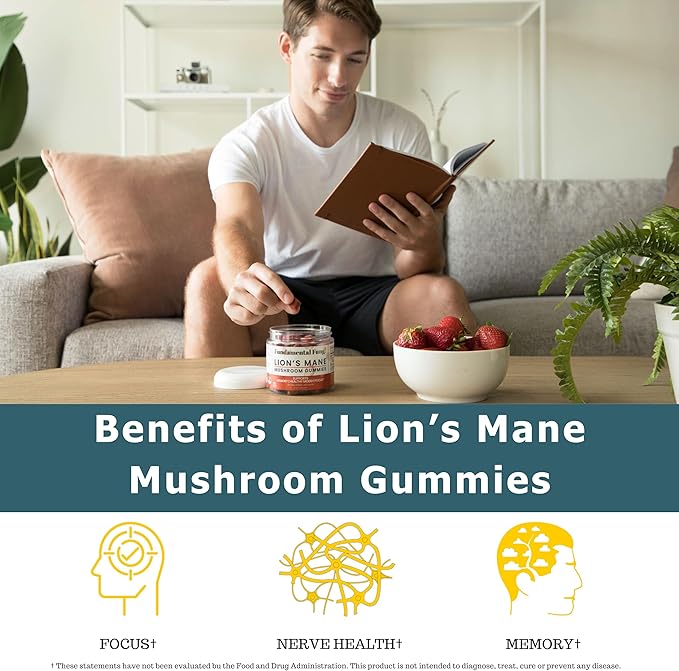 Organic Lion's Mane Mushroom Gummies | 90 Servings | Brain Health Focus Clarity &amp Memory Mushroom Supplement Gummies | 90 Organic Lions Mane Gummys for Adults