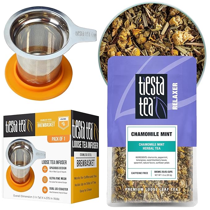 Tiesta Tea - Chamomile Mint Herbal Tea and Brewbasket Infuser Bundle Caffeine-Free Chamomile Mint Blend 1oz Resealable Pouch with 5oz Reusable Stainless Steel Strainer