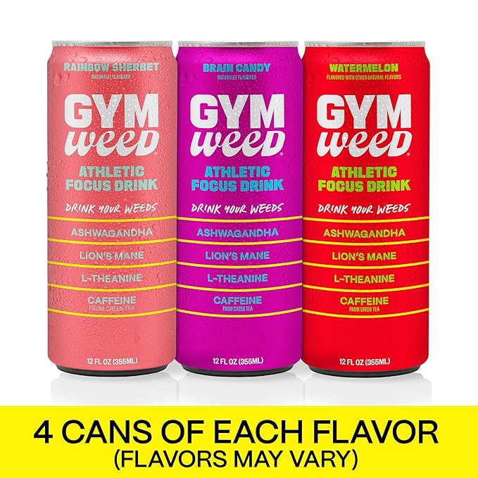 GYM WEED Athletic Focus Drink with KSM-66 Ashwagandha Lion's Mane Mushroom L-Theanine 200mg Green Tea Caffeine with Natural Sweeteners Sour and Sweet Variety of Flavors 12 Pack