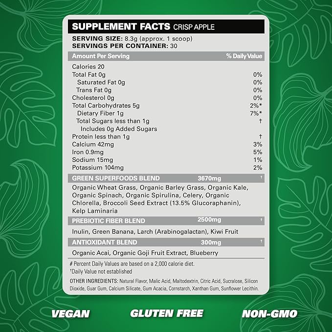 EHP Labs OxyGreens Super Greens Powder - Spirulina &amp Chlorella Superfood Green Juice Powder &amp Greens Supplements with Prebiotic Fibre Antioxidants &amp Immunity Support 30 Serves (Crisp Ap