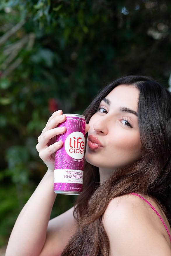 Life Cider | 12 Pack (12 Fl Oz) | Tropical Raspberry | Sparkling Apple Cider Vinegar Beverage | Digestive Health &amp Immunity Benefits | Low Calorie &amp Low Carb Drinks | Vitamins C D3 Zinc B12