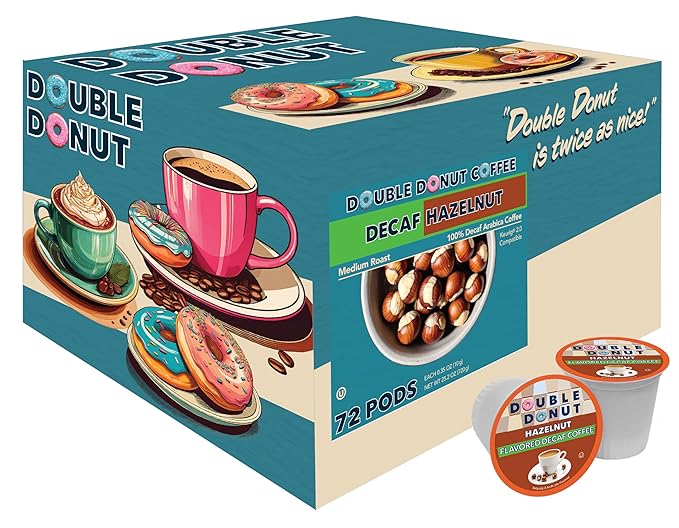 Double Donut Coffee Decaf Hazelnut Flavored Coffee Medium Roast Coffee Compatible with Keurig K Cups Brewers 72 Count (Pack of 1)