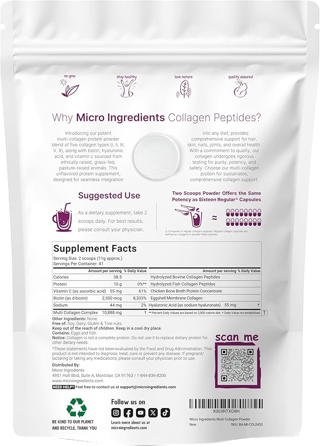 Micro Ingredients Multi Collagen Protein Powder 16oz &amp Hair Vitamins Complex Capsules Bundle 2 Pack | Grass-Fed Collagen Peptides | 14-in-1 Advanced Hair Growth Support