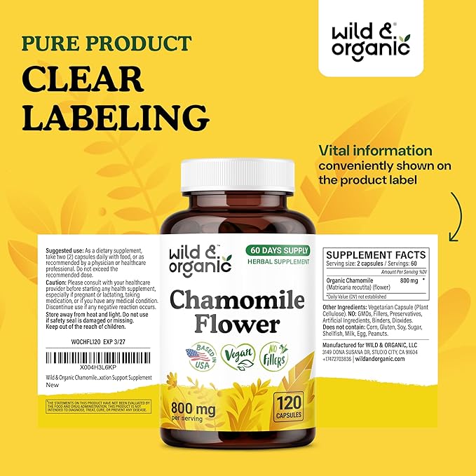 Wild &amp Organic Chamomile Extract Capsules 800 mg - Relaxation &amp Digestive Support - Chamomile Flower Extract Supplement - Matricaria Recutita Herb - Vegan No Fillers Non-GMO - 120 Count