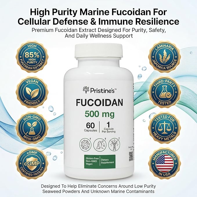 PRISTINE'S Fucoidan 500MG Immunity Supplement Capsules - 60 Day Supply - Brown Seaweed Extract - Potent Herbal Antioxidant Lung Health &amp Skin Health Support