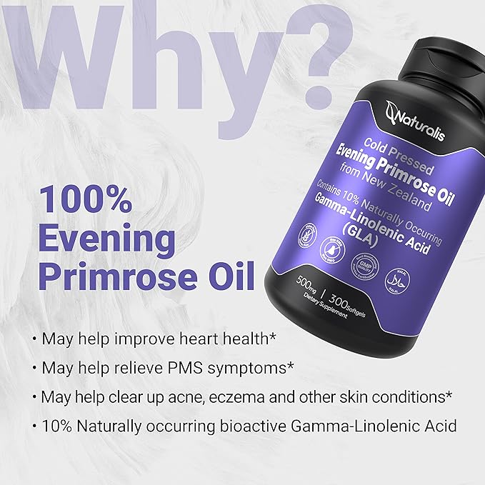 Naturalis Evening Primrose Oil (Cold Pressed) | 100% Natural from New Zealand | Non-GMO Soy &amp Gluten Free Zero Filler | 300 Mini-Softgels