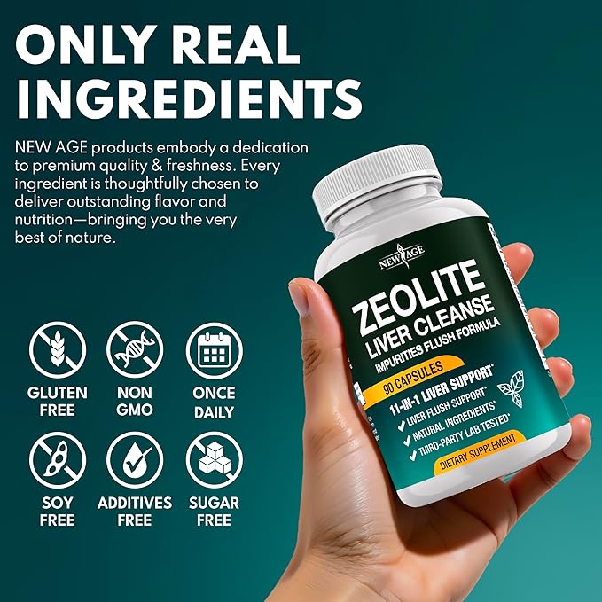 NEW AGE Liver Cleanse &amp Repair - Gut Health and Energy - Zeolite for Adults with Noni Glutathione NAC Chlorella Spirulina ALA Cilantro Milk Thistle &amp Shilajit - 180 Count
