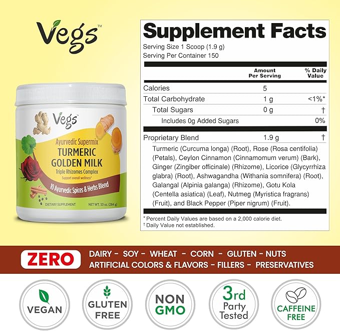 Turmeric Golden Milk Powder (150 Servings) - Ayurvedic Triple Rhizomes Spice Mix Organic Turmeric Golden Latte with Ginger Rose Cinnamon Ashwagandha for Immune Focus Cognitive (10 oz)
