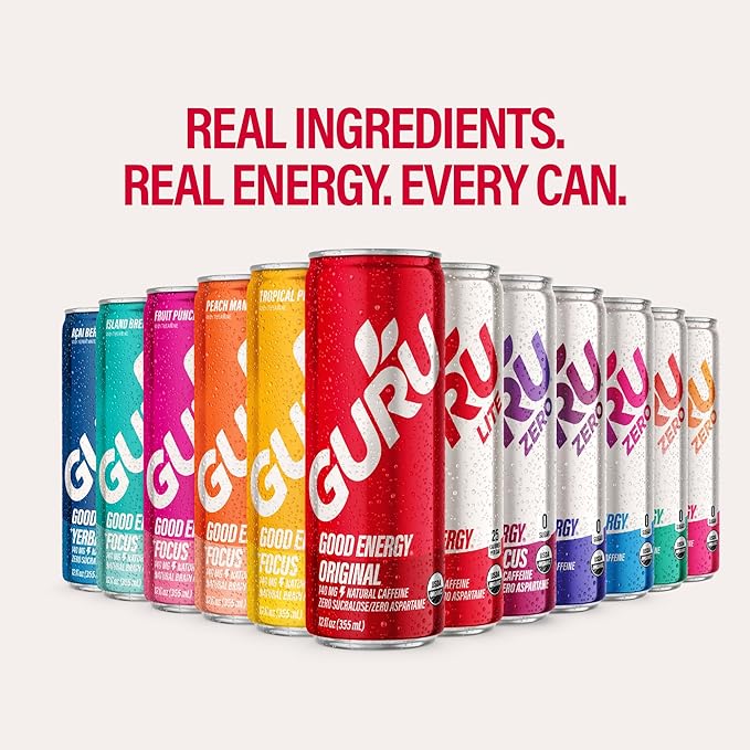 GURU ZERO SUGAR Wild Berry Organic Energy Drink with Plant Based Natural Caffeine from Green Tea Coconut Water Prebiotic Zero Added Sugars Gluten Free &amp Vegan Pre Workout 140MG Caffeine 12
