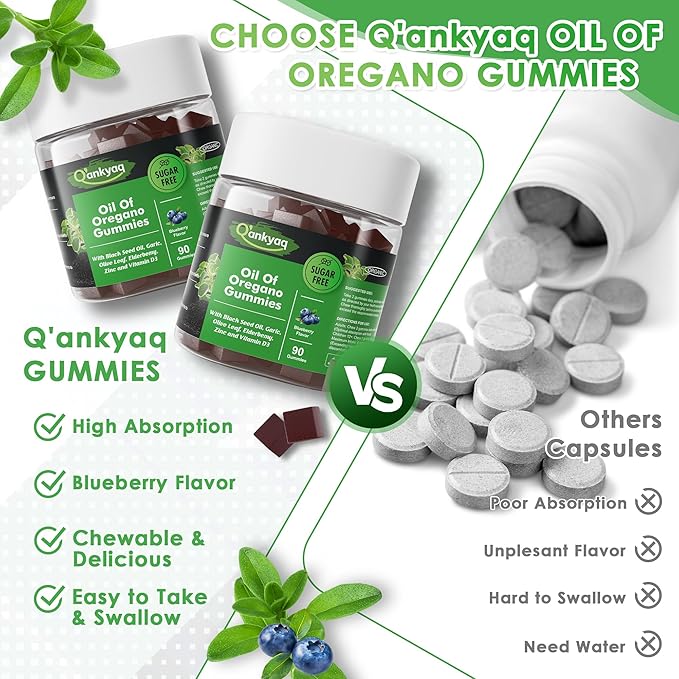 Oregano Oil with Black Seed Oil Organic Gummies for Kids and Adults | 6-in-1 Oregano Oil Supplement | Carvacrol + Thymoquinone | Immune Support with Garlic Elderberry | Sugar-Free 90 Chewable