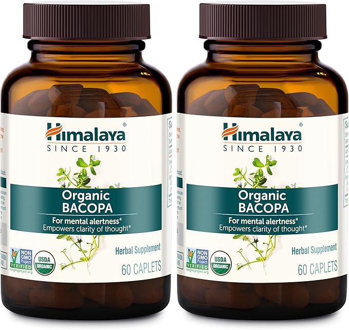 Himalaya Organic Bacopa Monnieri Nootropic Herbal Supplement Mental Alertness Supports Calm Memory Cognition USDA Organic Non-GMO 750 mg 60 Plant-Based Caplets 2 Pack 120 Day Supply