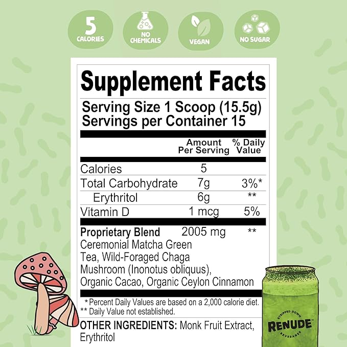 Renude Chaga Matcha and Chagaccino - Chaga Mushroom Powder for Coffee and Matcha Mushroom Drink Mix with Adaptogens Natural Energy and Immune Support Vegan Keto - 15 Servings Each