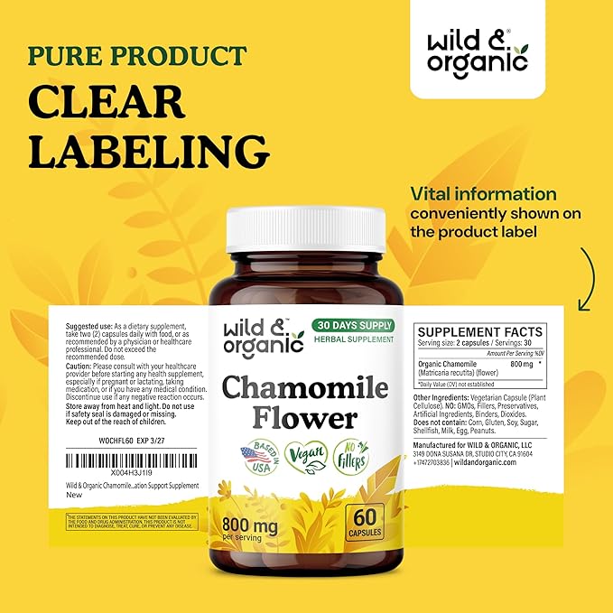 Wild &amp Organic Chamomile Capsules 800 mg - Relaxation &amp Digestive Support - Herb Chamomile Extract Supplement - Matricaria Recutita Flower - Vegan No Fillers Non-GMO - 60 Count