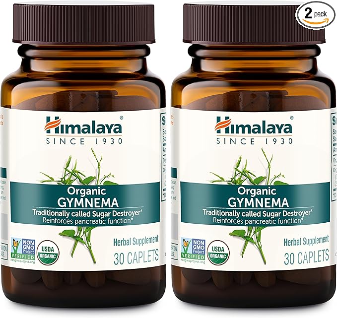Himalaya Organic Gymnema Sylvestre – Herbal Glucose Metabolism Support - USDA Organic Non-GMO Vegan Gluten Free Additive Free 700 mg 30 Caplets (Pack of 2)