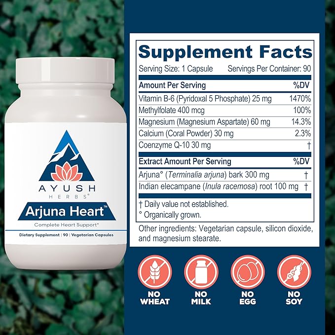 Ayush Herbs Arjuna Heart - Complete Heart-Support Supplement Natural Arjuna Magnesium &amp CoQ10 Formula for Women &amp Men - 90 Vegetarian Caplets (1 Count)