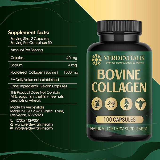 Bovine Collagen Capsules for Men and Women– Type I &amp III for Hair Skin Nails Joints – Non-GMO Made in USA – 100 Capsules