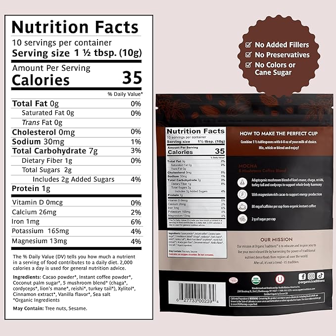 Organic Traditions Mocha Mushroom Coffee Instant Coffee Blend with Cacao Lion’s Mane Chaga Reishi Cordyceps Turkey Tail Dairy Free Adaptogenic Superfoods to Support Energy and Focus 200g / 7oz