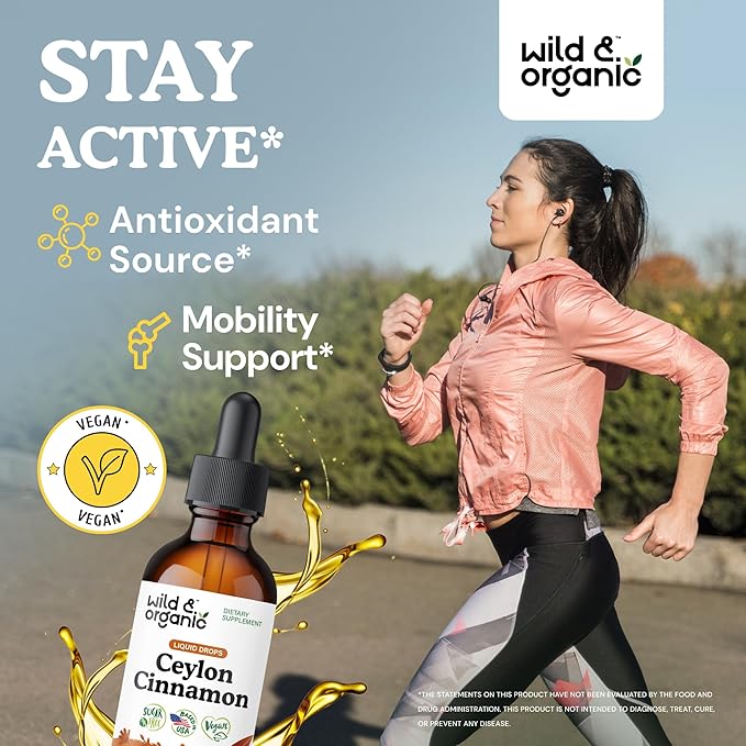 Wild &amp Organic Ceylon Cinnamon Extract Liquid Drops 500mg - Liquid Cinnamon Supplements for Overall Support - Cinnamomum Verum Bark Tincture - Vegan Sugar &amp Alcohol-Free Non-GMO - 2 fl oz