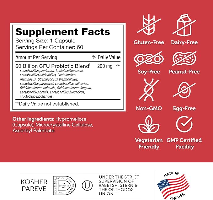 Zahler BioDophilus60 60 Billion CFU Probiotic + Prebiotic - 11 Strains Daily Probiotic Supplement - Kosher Probiotics for Women for Digestive Health Probiotics for Men for Gut Health (60 Capsules)