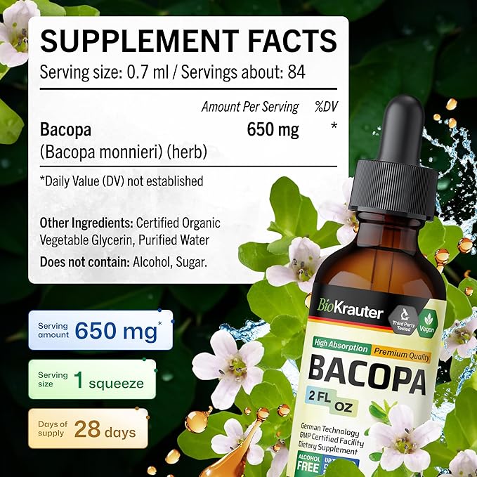BIO KRAUTER® Bacopa Monnieri - Liquid Drops Bacopa Extract (Brahmi Powder) 650 mg per Serving 2 Fl.Oz 28-Day Supply - Pure Vegan Brain Supplement Supports Calm Focus &amp Memory - Alcohol &amp Sug