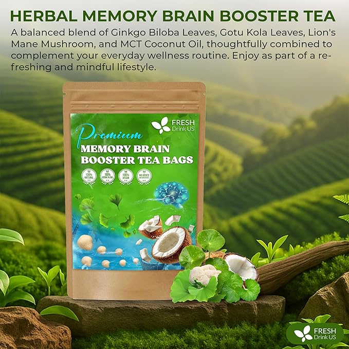 FreshDrinkUS Memory Brain Booster Tea Bags | 75 Count | Ginkgo Biloba Gotu Kola Lion’s Mane Mushroom MCT Coconut Oil | Herbal Blend Tea Bags | Naturally Flavorful No Additives Caffeine-Free