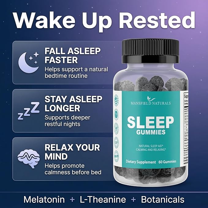 Sleep Gummies with Melatonin L-Theanine &amp Botanicals - Fall Asleep Faster Stay Asleep Longer - Natural Berry Flavor - 60 Count