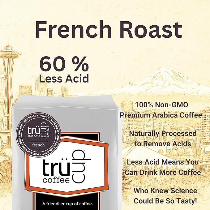 trücup Low Acid Coffee French Roast Coffee Ground - Coarse Ground 2 LB Natural Water&ampSteam Process 60% Less Acid Stomach-Friendly Rich in Antioxidants