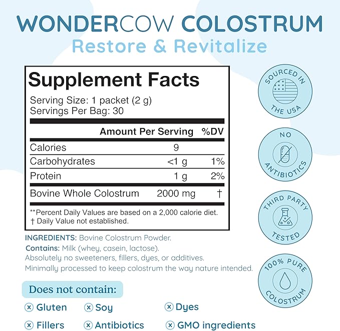 WONDERCOW Colostrum Supplement Powder for Gut Health Immune Support &amp Wellness | Natural IgG Pure Whole Bovine Colostrum Superfood Unflavored 30 Servings