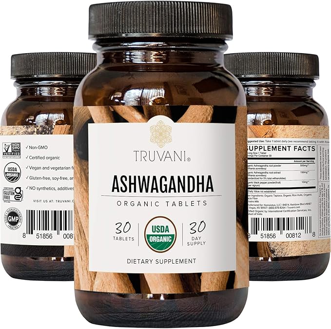 Truvani Organic Ashwagandha | Daily Energy Positive Mood Support Supports Brain Health | Supports Muscle Growth and Endurance | Healthy Sleep Support | Non-GMO | 30 Day Supply