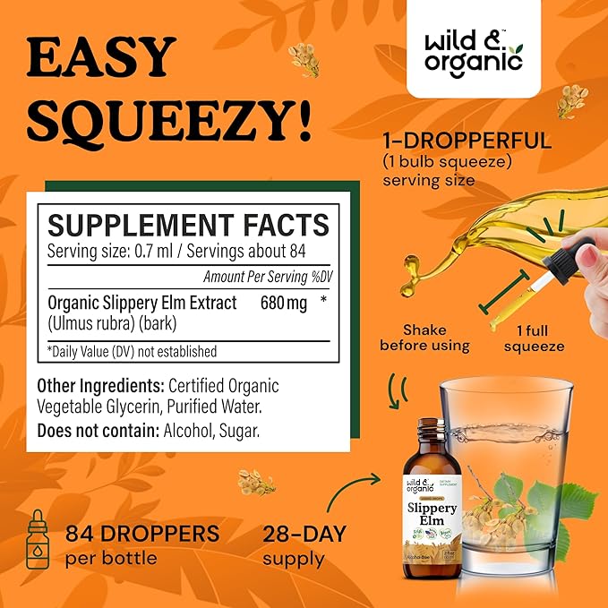 Wild &amp Organic Slippery Elm Drops - Lung Digestive &amp Women's Support - Slippery Elm Bark Tincture - Add to Tea Liquid Extract - Ulmus Rubra Supplement - Vegan Sugar &amp Alcohol-Free - 2 fl