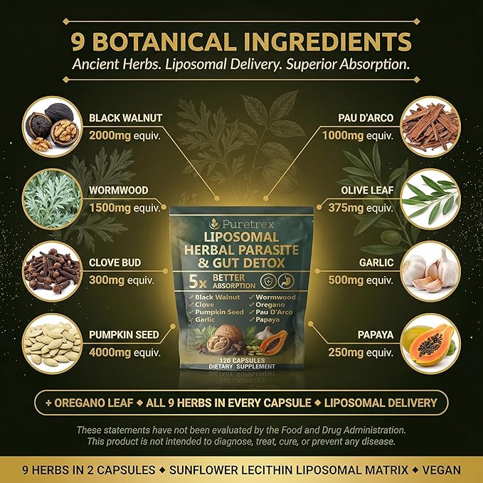 Liposomal Herbal Parasite &amp Gut Detox 120 Capsules 5X Better Absorption with Black Walnut Wormwood Clove Pumpkin Seed Garlic Oregano PAU D'Arco Papaya