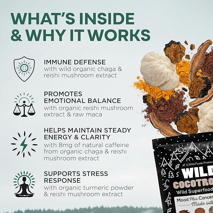 Organic Cocotropic Mushroom Hot Cocoa - Mushroom Coffee Alternative | Sugar Free Hot Chocolate | Organic Cocoa Powder Reishi Mushrooms Chaga Maca Root Turmeric | Delicious Sustained Focus Energy