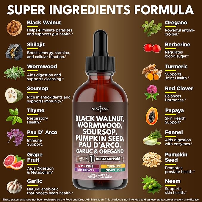 Black Walnut Wormwood Cleanse Drops - Liquid Soursop Garlic Pumpkin Seed PAU D'Arco Oil of Oregano Turmeric Berberine Neem Extract Hull Bark Tincture - - 4oz