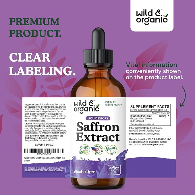Wild &amp Organic Saffron Supplements 88.5 mg - 5-Month Supply - Saffron Extract Drops for Mood Focus Eye Support - Crocus Sativus Liquid Extract - Vegan Alcohol &amp Sugar-Free Tincture - 4 fl o