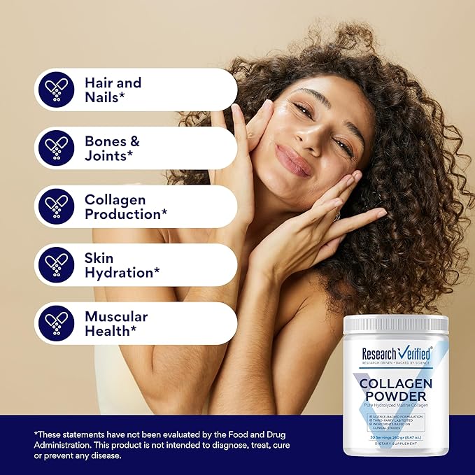 Research Verified® Collagen Powder - Hydrolyzed Marine Collagen Peptides - Unflavored - Skin Hydration and Elasticity Muscle Recovery Non GMO - 30 Scoops Per Container - 3 Month Supply