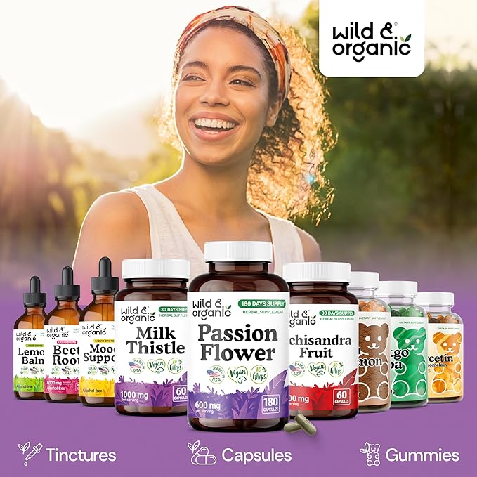 Wild &amp Organic Passion Flower Capsules 600 mg - Calming &amp Mood Support - Passionflower Extract Supplement - Passiflora Incarnata Herb - Vegan No Fillers Non-GMO - 180 Count