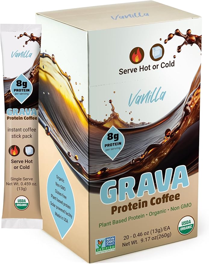 Grava Organic Plant Protein Coffee Sticks Vanilla - 8g Plant Protein 80mg Caffeine - Monk Fruit Sweetener - USDA Organic Non-GMO &amp Fair Trade - Gluten Free &amp Vegan - Single Serve Packet 20