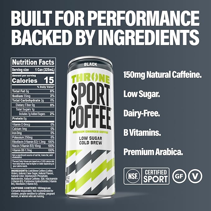 Throne Sport Coffee Cold Brew – Low Sugar. 150mg Natural Caffeine and B Vitamins – Dairy-Free Low Calorie –Premium Arabica NSF Certified Active Lifestyles – Black 12 Pack