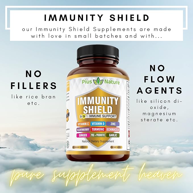 9-in-1 Immune Support Vitamin C (1000mg) Vitamin D3 (5000 IU) Zinc(22mg) with Elderberry Turmeric Echinacea Ginger Garlic and Pre+Pro-Biotic per Serving (120 caps per Bottle - 2 Month Supply)