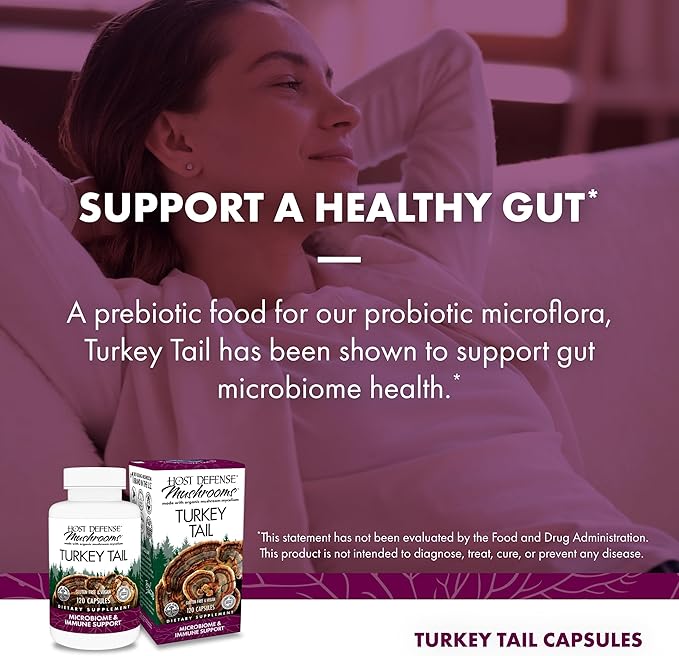 Host Defense Turkey Tail Capsules - Digestive Health &amp Immune Response Support Supplement - Mushroom Supplement for Gastrointestinal &amp Gut Microbiome Support - 120 Capsules