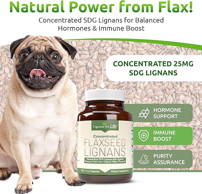 Lignans For Life Flaxseed Lignans for Dogs + SDG - Omega 3 Fatty Acids High Fiber Antioxidants - Helps Improve Shiny Coat Digestive &amp Heart Health Flax Seed for Dogs 90 Flaxseed Capsules 2 Pac
