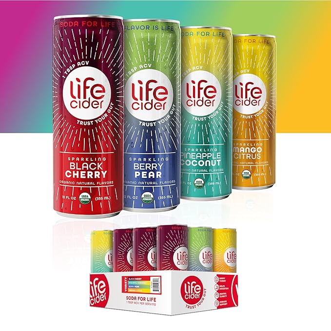 Life Cider Variety Pack Apple Cider Vinegar Soda 4 Flavors 12 Pack Organic Sparkling AVC Drink Natural Flavors Promotes Gut Health Vitamins C B12 Zinc D3