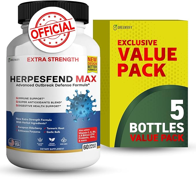 HerpesFend Max Extra Strength Advanced Defense Formula 60 Capsules with Elderberry Echinacea Turmeric Garlic Vitamins and Probiotics (5)