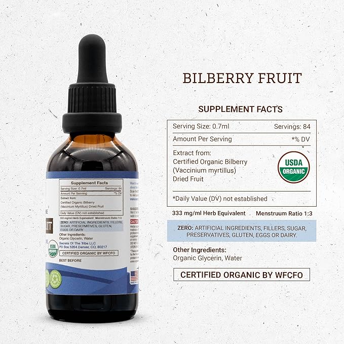 Secrets of the Tribe Bilberry Fruit USDA Organic | Alcohol-Free Extract High-Potency Herbal Drops Vision | Made from 100% Certified Organic Bilberry (Vaccinium Myrtillus) Dried Fruit 2 oz