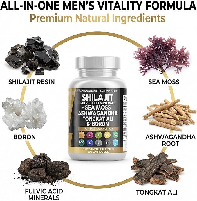 Clean Nutraceuticals Shilajit Supplement for Men with Sea Moss Tongkat Ali Ashwagandha Boron Zinc CoQ10 PQQ - Fulvic Acid Capsules - Energy Support - 90 Count - Resin Gummy &amp Powder Alterna