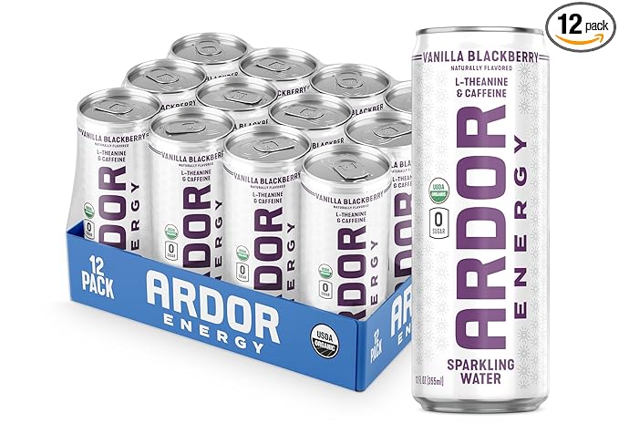 ARDOR ENERGY Sparkling Water with 100mg Natural Caffeine &amp 200mg L-Theanine from Organic Green Tea for Smooth Energy &amp Focus | Healthy Energy Drink | No Sugar Zero Calories Vegan Gluten-Fre
