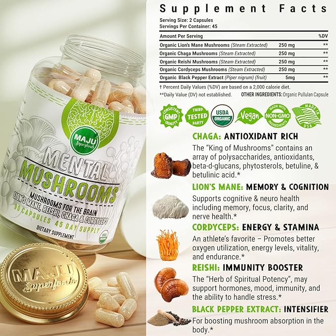 MENTAL Mushroom Capsules Organic Extract Supplement w/ Lion's Mane Cordyceps Reishi and Chaga Boost Your Focus Energy Wellness and Immune System - Nootropic Mushrooms Immune Support 90ct