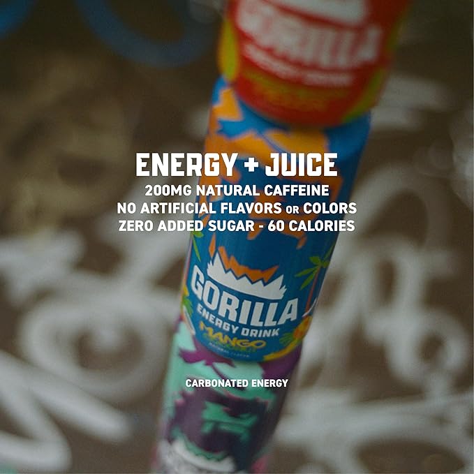 Gorilla Energy Drink Mango Coconut &amp Variety Pack 200mg Natural Caffeine Real Fruit Juice Squeezed &amp Concentrated 24 Cans
