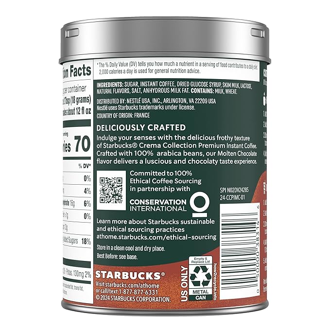 Starbucks Crema Collection Premium Instant Molten Chocolate Flavored Instant Coffee 100% Arabica Beans 3 Tins (7.12 Oz Each) 1.34 lb.